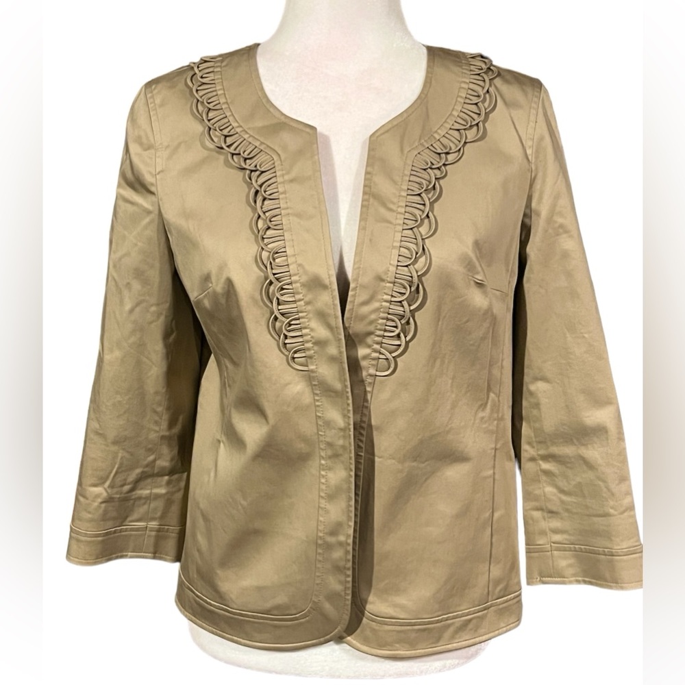 Talbots Tan Collarless Jacket/Blazer with Scallops Along Neckline and Pl…